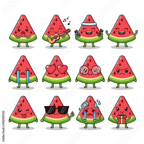 Cute Kawaii Watermelon Slice Character Emoji Set. Funny Fruit Mascot with Various Emotions and Expressions. Vector Sticker Pack for Summer Design, Kids, and Social Media Graphics.