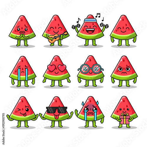 Cute Kawaii Watermelon Slice Character Emoji Set. Funny Fruit Mascot with Various Emotions and Expressions. Vector Sticker Pack for Summer Design, Kids, and Social Media Graphics.