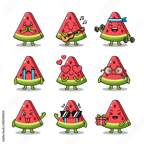 Cute Kawaii Watermelon Slice Character Emoji Set. Funny Fruit Mascot with Various Emotions and Expressions. Vector Sticker Pack for Summer Design, Kids, and Social Media Graphics.