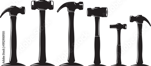 Collection of various black hammers on white background