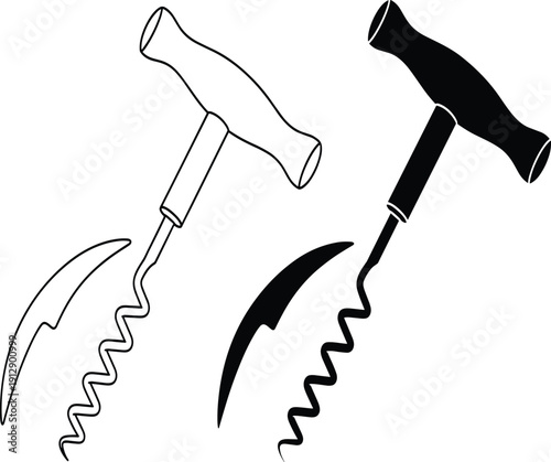 Set of two black and white corkscrew illustrations with handles, helical screws, and foil cutter blades, stylized vector artwork for wine tools
