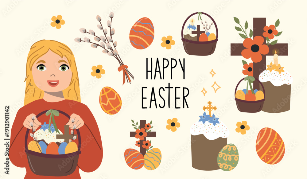 Fototapeta premium Cute Easter set with girl and christianity symbols. For poster, card, scrapbooking , stickers