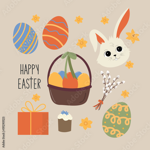 Hand drawn easter cliparts collection. Holiday vector illustration