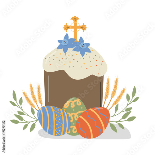 Cute Easter cake vector with eggs, wheat
