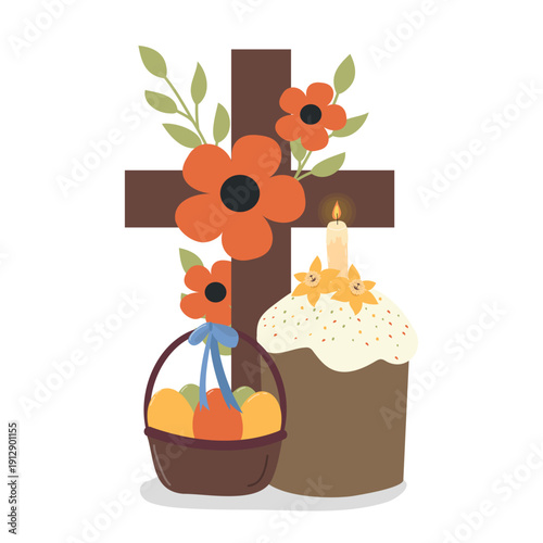 Christian cross with Easter cake,and basket with eggs. Vector illustration