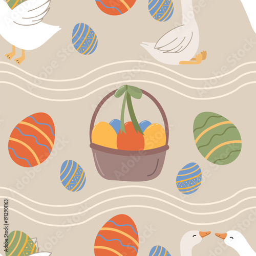 Seamless pattern with easter elements a basket, geese and eggs vector illustration. Holiday vector illustration