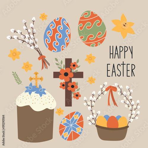 A colorful Easter scene with eggs, flowers, and a cross.