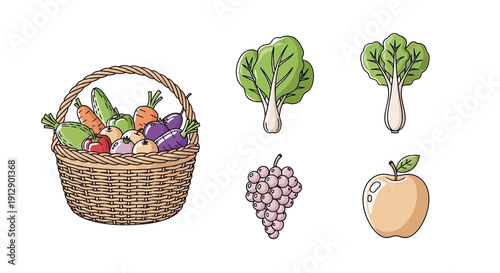 Fresh Harvest Basket of Vegetables and Fruits: Apple, Grapes, Lettuce, Carrot, Eggplant, Cucumber