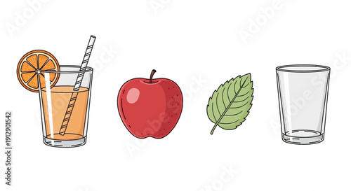 Fresh Orange Juice, Red Apple, Mint Leaf, and Empty Glass on White Background