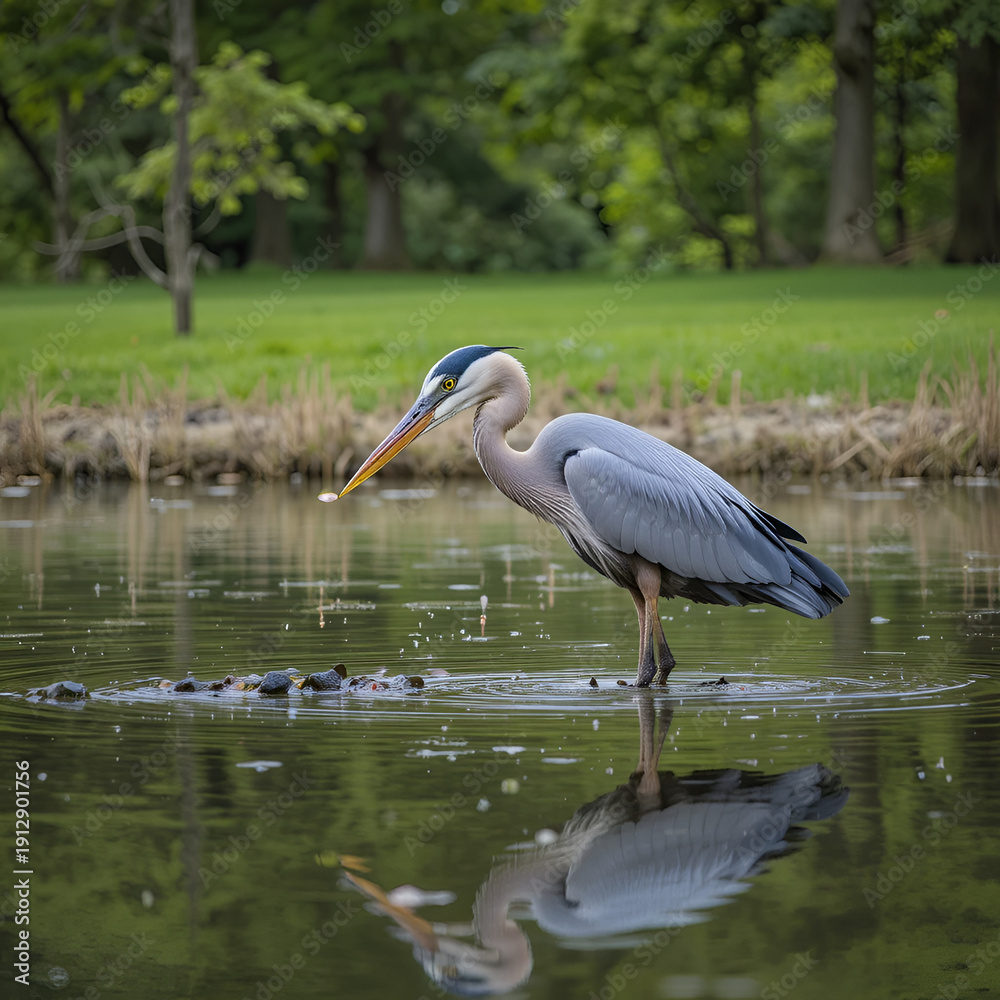 Fototapeta premium one great blue heron standing on the pond inside park searching for fish to catch