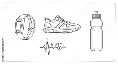 Fitness Tracker, Running Shoe, Water Bottle, Heartbeat Line - Healthy Lifestyle Icons