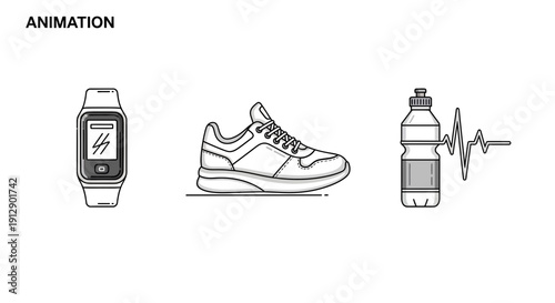 Fitness Tracker, Running Shoe, Water Bottle, Heartbeat Animation - Healthy Lifestyle Icons