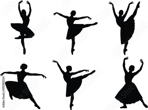 Black silhouettes of graceful ballet dancers in various elegant poses and dance positions performing classical ballet movements isolated on a clean white background background.eps
