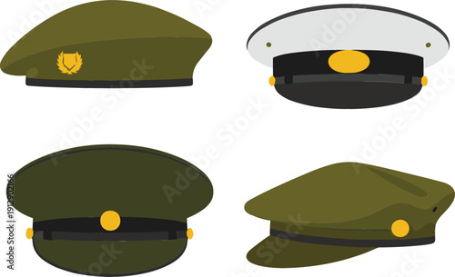 Military and Police Officer Cap Illustration Set with Formal Uniform Hats in Different Angles for Law Enforcement, Army, and Authority Character Design Projects