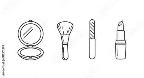 Cosmetic Icons: Lipstick, Brush, Nail File, Compact Mirror - Beauty Essentials