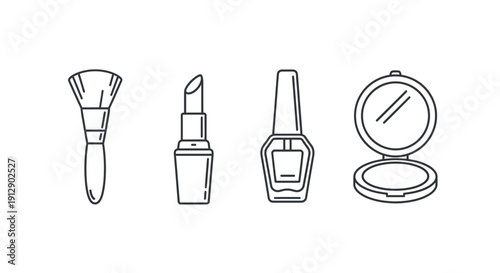 Cosmetic Icons: Makeup Brush, Lipstick, Nail Polish, Compact Mirror - Line Art