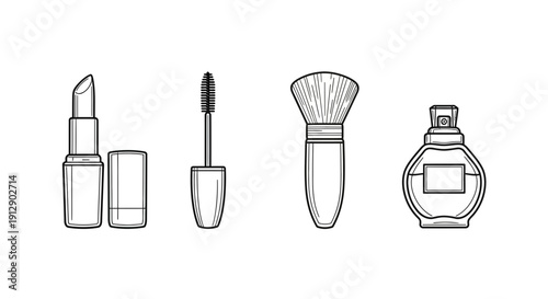 Cosmetic Products Collection: Lipstick, Mascara, Makeup Brush, Perfume Bottle - Line Art
