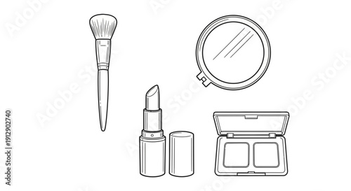 Cosmetic makeup set: lipstick, brush, compact mirror, eyeshadow palette, black and white sketch