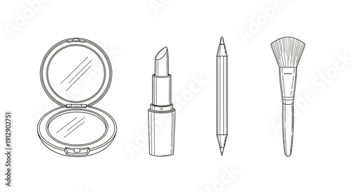 Cosmetic makeup items: powder compact, lipstick, eyeliner pencil, and brush, line art.