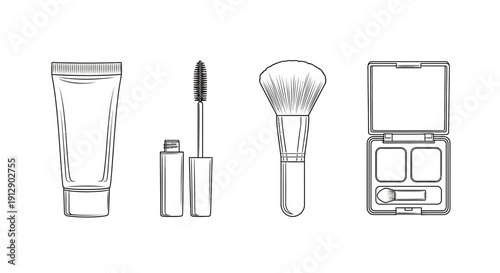 Cosmetic makeup products illustration: mascara, brush, eyeshadow, foundation tube