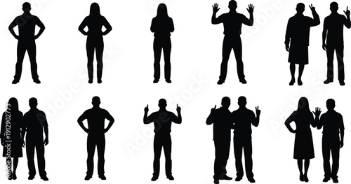 Black Silhouettes of People Gesturing and Waving Hands Set with Men and Women Posing Isolated on White Background for Communication and Social Interaction Concept.eps