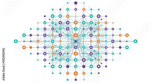 A vibrant, cartoon-style graphic illustration of interconnected purple, orange, and teal circles and lines on a white background, conveying a sense of dynamic networks and relationships in