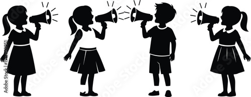 Black silhouettes of young children and students shouting into megaphones and bullhorns for protest or announcement isolated on a clean white background background