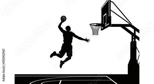 Black silhouette vector illustration of a male basketball player in action, jumping during a competitive sports game with a ball