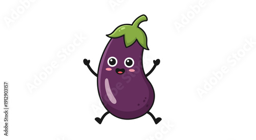 Isolated vector illustration of a happy cartoon eggplant character and cute vegetable set featuring a funny green monster bug in a nature art style on white
