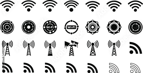 Black vector collection of wi-fi wireless signal icons and radio antenna towers symbolizing internet network connectivity and digital communication for mobile app interface.