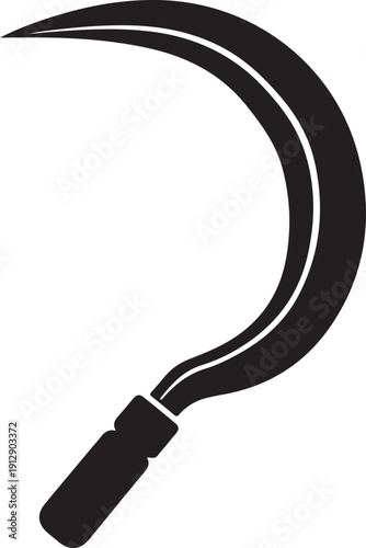 Black sickle icon with white background and handle details