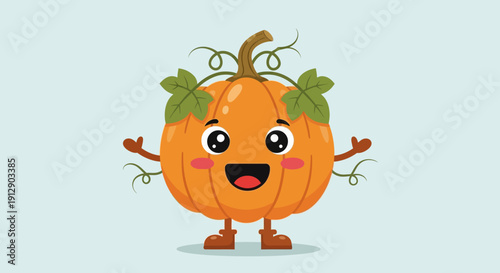 A cute vector illustration of a funny cartoon pumpkin and funny carrot cartoon character with a baby chick and farm animal isolated on a yellow background