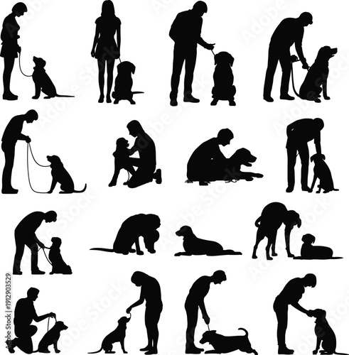 Dog training silhouettes collection, people interacting with pets on leash, black human and puppy figures isolated vector set