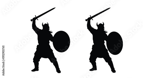 Two viking warriors raising swords and shields in a silhouette style