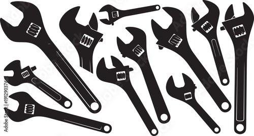 Collection of adjustable wrenches in black silhouette style