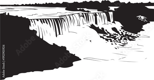 Majestic Niagara Falls waterfall cascading down rocky cliffs into churning foamy water Silhouettes vector
