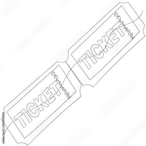 Ticket Single Line Icon Continuous one line drawing cinema ticket. Vintage cinema ticket isolated on a white background. Vector illustration Single continuous line drawing of tickets. one line draw