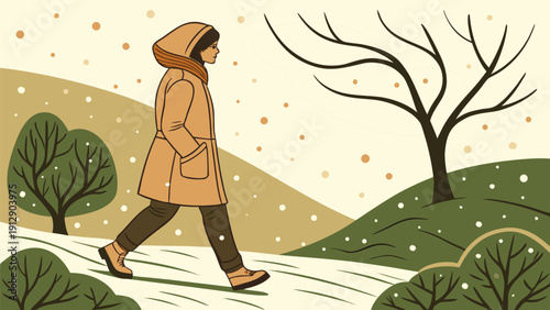 Vector illustration of a fashionable lady with long hair wearing a winter dress and carrying a shopping bag while walking through a park and forest