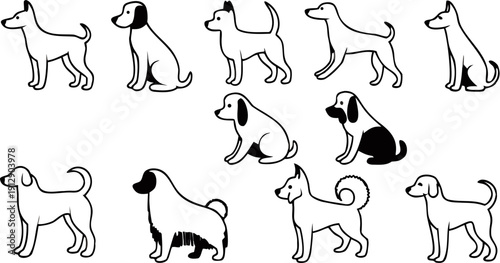 Cute vector illustration set featuring a seamless pattern of cartoon dog silhouettes and pet characters in a humorous drawing