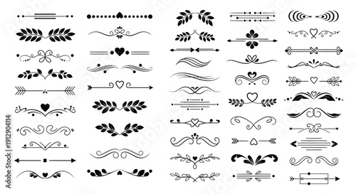 Collection of elegant black and white decorative flourish ornaments and vintage scroll dividers perfect for wedding invitations or formal design accents.