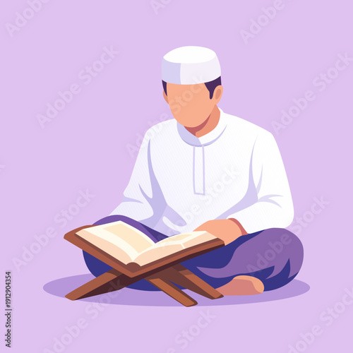 Muslim Man Reading Al Quran Ramadan Illustration