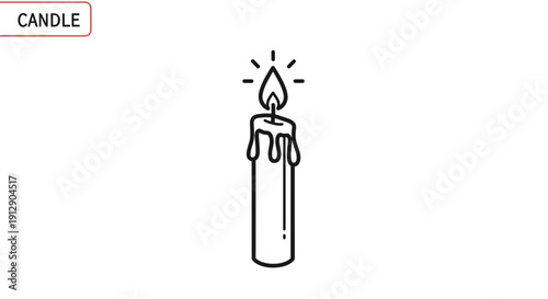 Burning Candle Icon, Simple Line Art Illustration, Flame and Dripping Wax