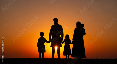 Silhouette of happy family with two children holding hands at sunset with vibrant orange sky background