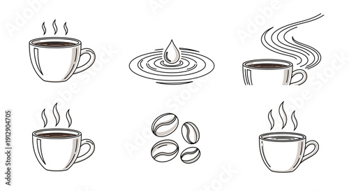 Coffee Icons: Steaming Cups, Beans, and Water Drop - Hand-Drawn Sketch Style
