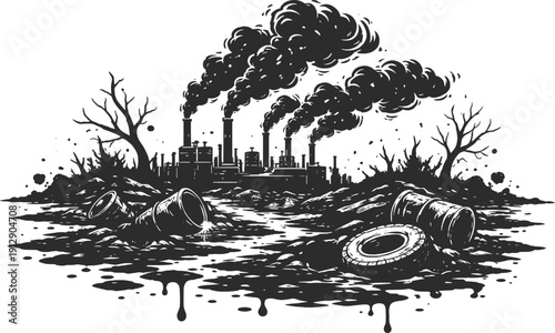 Industrial Pollution Factory Smoke Environmental Disaster Illustration.