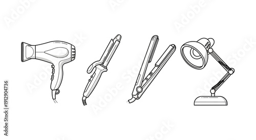 Collection of beauty and lighting tools: hairdryer, curling iron, straightener, desk lamp