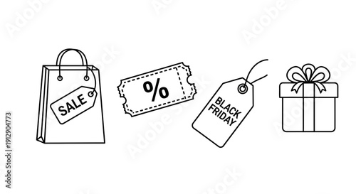 Black Friday Sale Icons: Shopping Bag, Discount Ticket, Gift Box, and Tag