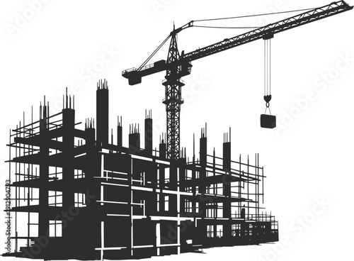 Construction Site Building Framework with Tower Crane Silhouette Illustration.