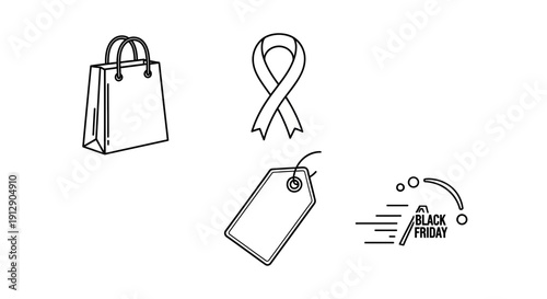 Black Friday shopping bag, ribbon, tag, and sale icon set