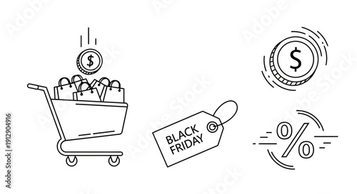 Black Friday Shopping Cart with Coins and Discount Tag